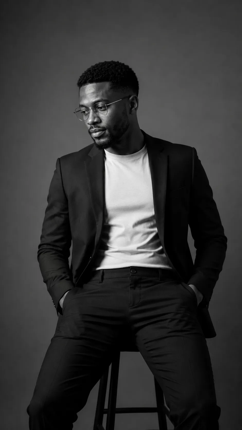 Style sombre studio consume sur chaise tête baisse